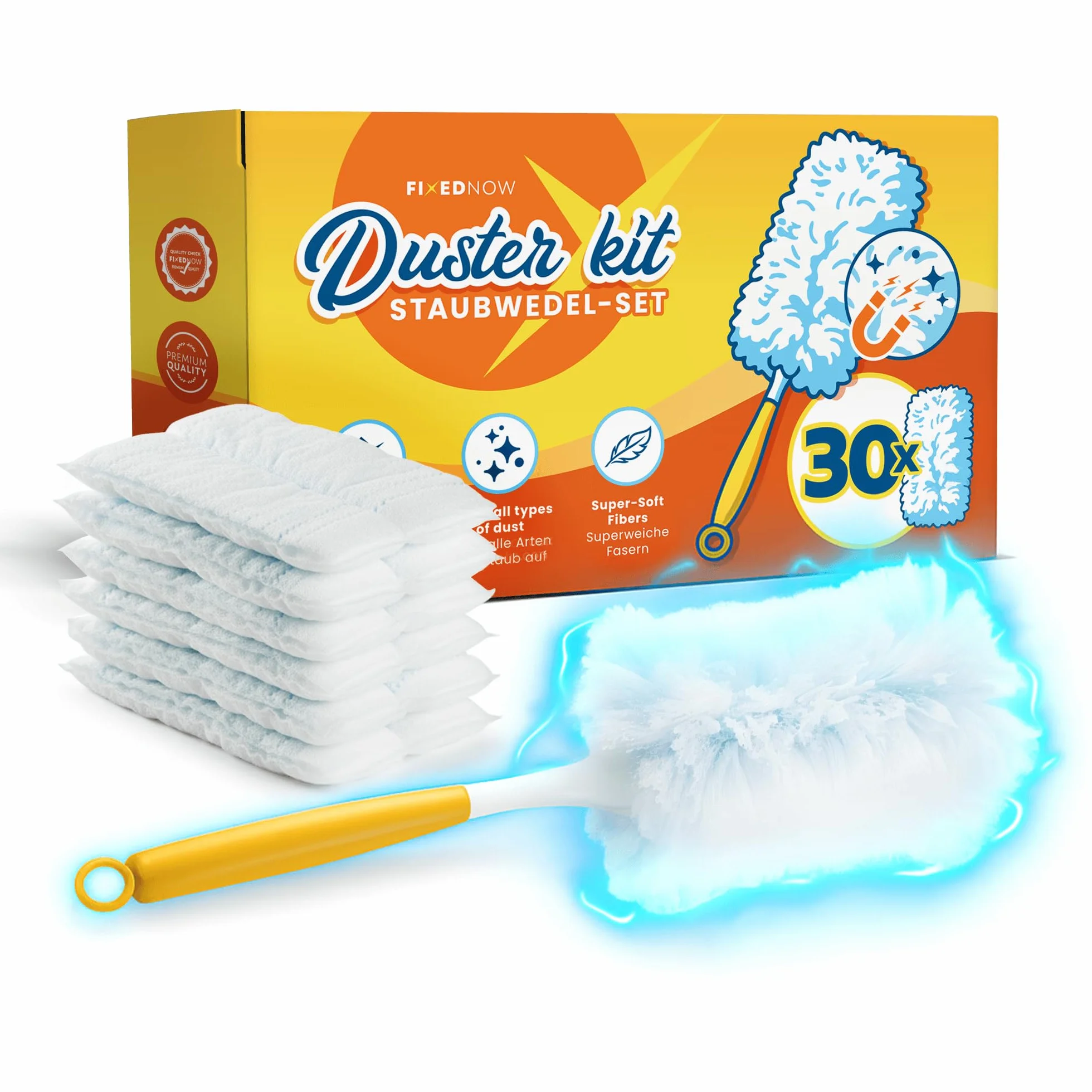30er XXL Staubmagnet Nachfüllpack Tücher Set für Swiffer Duster I Staubwedel Starterset Kit inkl. Stab & Griff I Staub Wischer Ersatztücher, Refill Staubtücher für Haushalt & Auto
