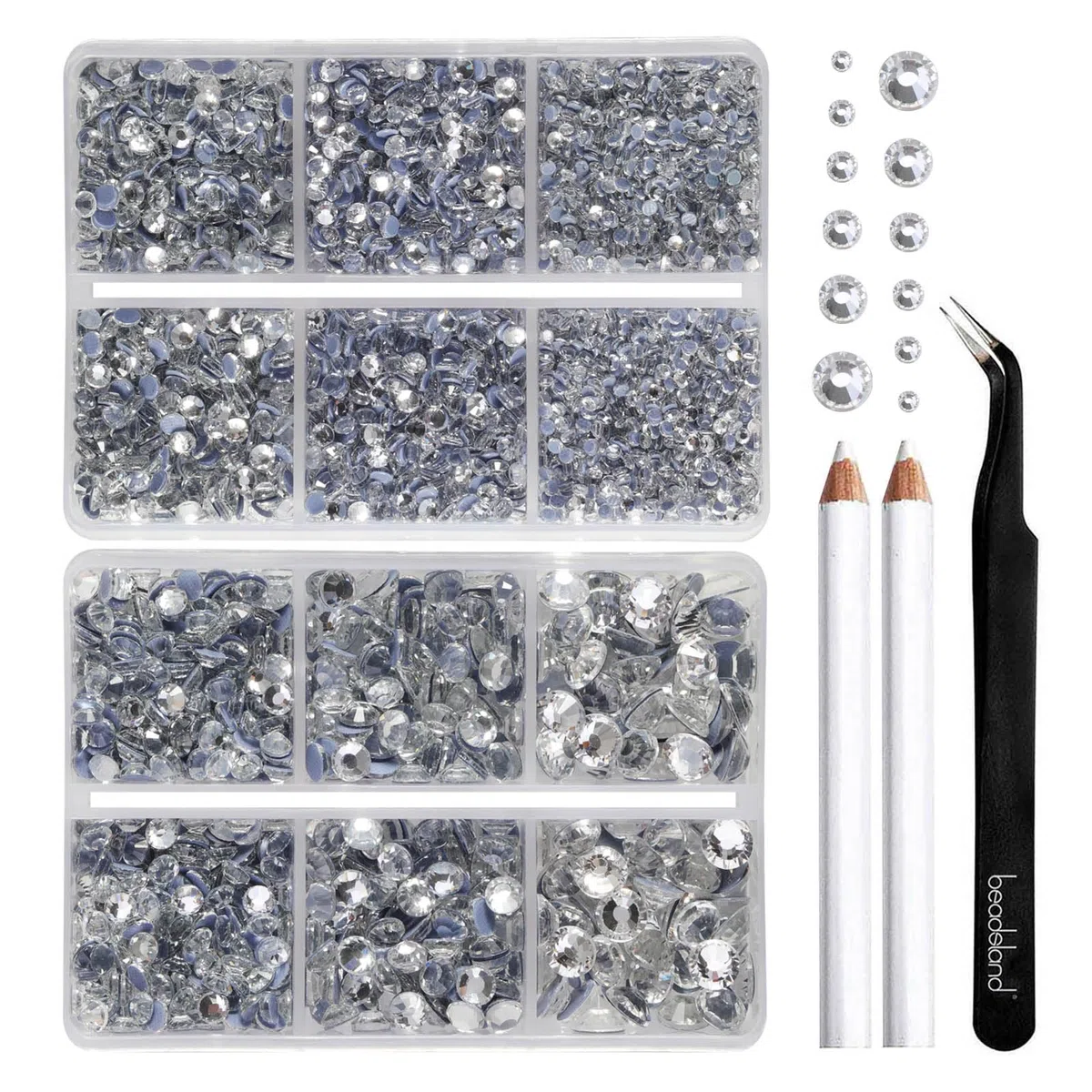 BEADSLAND Hotfix Strasssteine, 6080 Stück klare Strasssteine für Kleidung Kunsthandwerk gemischt 6 Größen mit Wachsstift und Pinzette Kit, SS6-SS30, Kristall
