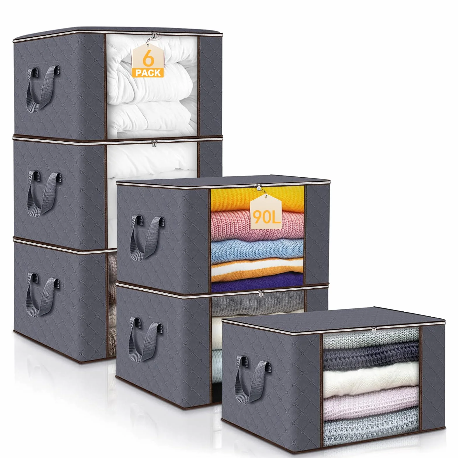 Collazoey 6 Stück Aufbewahrungstasche,90L Faltbare Aufbewahrung Boxen,Aufbewahrungsbehälter zum Organisieren von Schlafzimmer, Kleiderschrank, Kleidung, Steppdecken, mit Deckel und Griff, grau