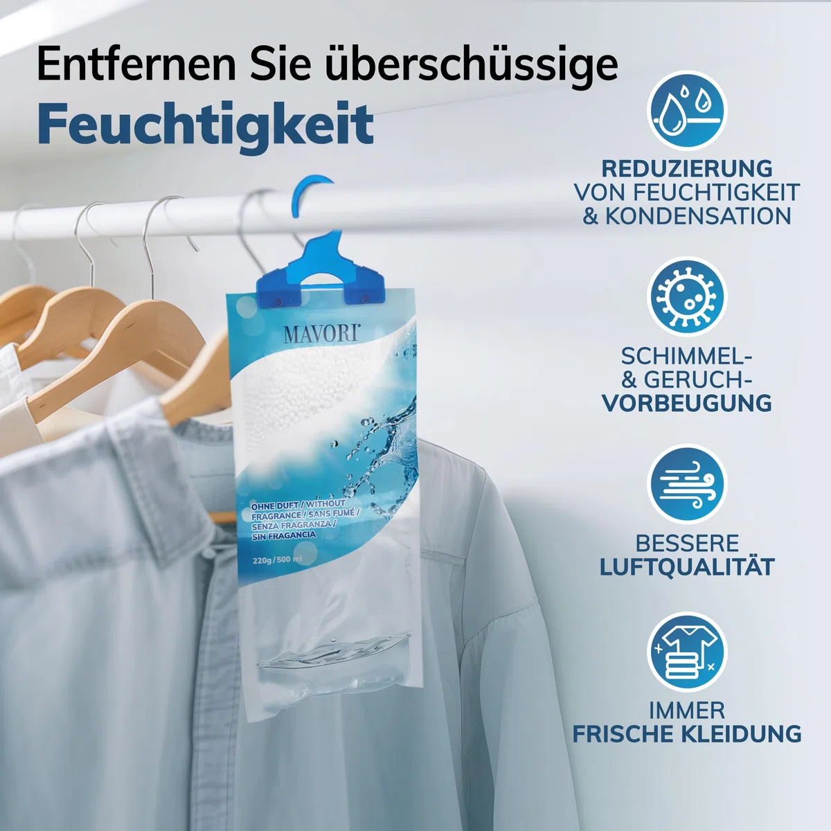 10er Set XL Luftentfeuchter zum Aufhängen I Luftentfeuchter Beutel I Entfeuchter Schrank und Feuchtigkeitsabsorber für Räume gegen Feuchtigkeit, Schimmel und Gerüche I bis zu 500ml je Beutel