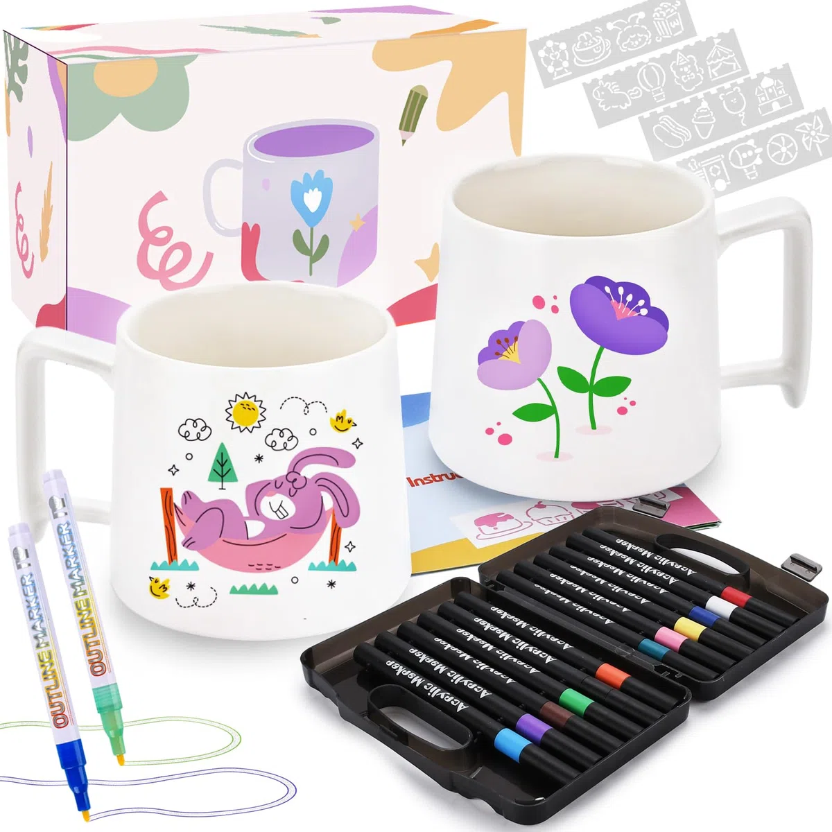Keramik Bemalen Set,Keramik Tassen Bemalen Set,Tassen Bemalen Sets für Erwachsene,Geschenk für Erwachsene Enthält 2*tassen,14*pinsel und Anleitung,Porzellan zum Bemalens