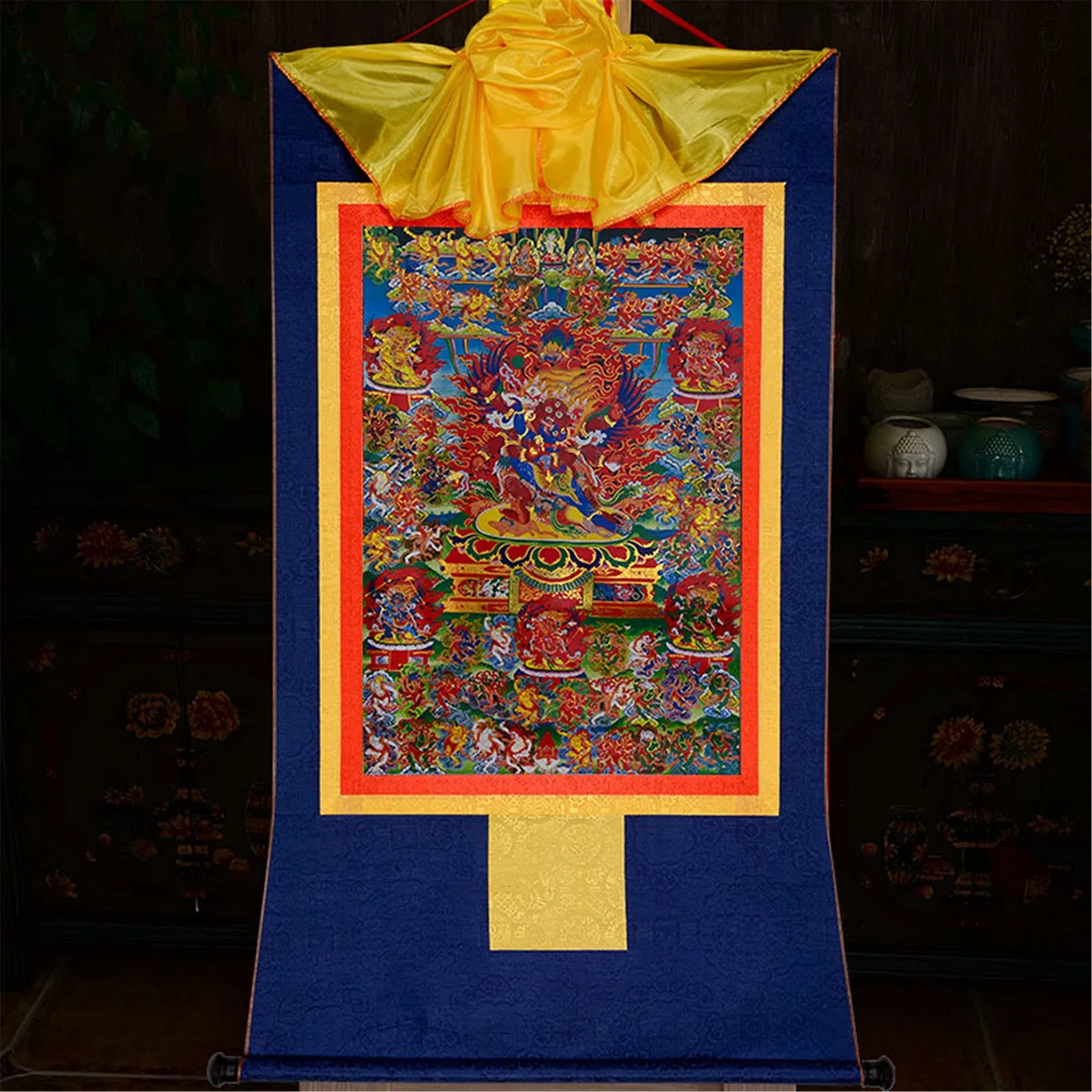 Gandhanra Thangka Tibetische Wandbehang,58 Wrathfu Gottheiten des Bardo Thodol (Tibetanisches Totenbuch),Heißgeprägter Buddha Wandteppich für Zen Wohnkultur, Meditation, Spirituelle Entspannung