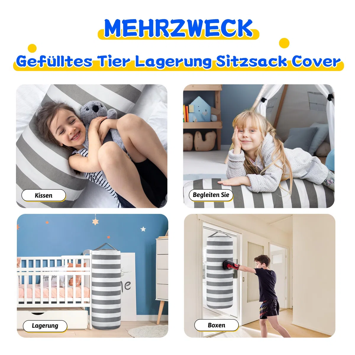 Sitzsack-Bezug zur Aufbewahrung von Stofftieren für Kinder, Plüschtiere, Organizer-Taschen, ein durchgehender Reißverschlusszylinder, Zimmermöbel-Dekor – Organisieren, Sitzen, Spielen, Boxen