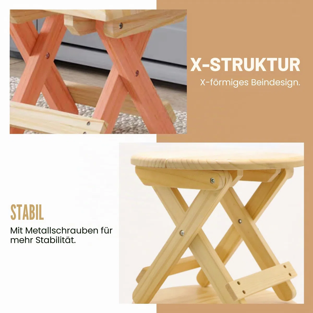 MAGIC SELECT Mini Klapphocker aus Holz. Reisesitz, Runder Kinderhocker, Tragbarer Fußhocker für Zuhause, Badezimmer, Küche, Garten, Büro, Reisen. Unterstützt 90 kg.