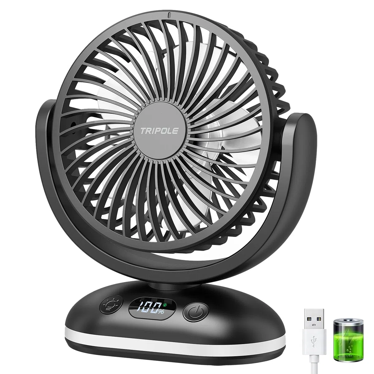 TriPole 4000mAh Tischventilator Akku, 31H Laufzeit, Mini Ventilator mit LED Display, 4 Stufen USB Lüfter Leise, Ventilator Klein Tragbar, Verstellbar für Büro, Schlafzimmer, Camping, Schwarz
