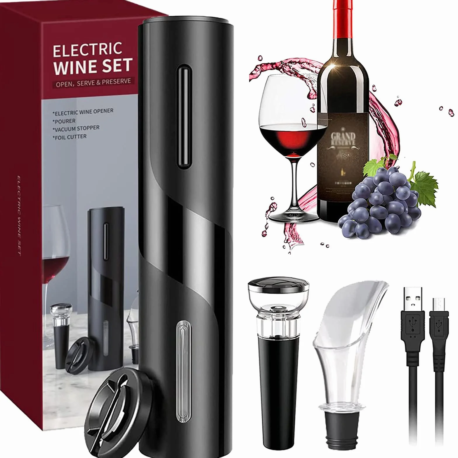 Elektrischer Korkenzieher , Geschenkbox 5-in-1 Elektrischer Weinflaschenöffner mit Folienschneider, Vakuumstopfen und Weinausgieer, USB Wiederaufladbare Batterie