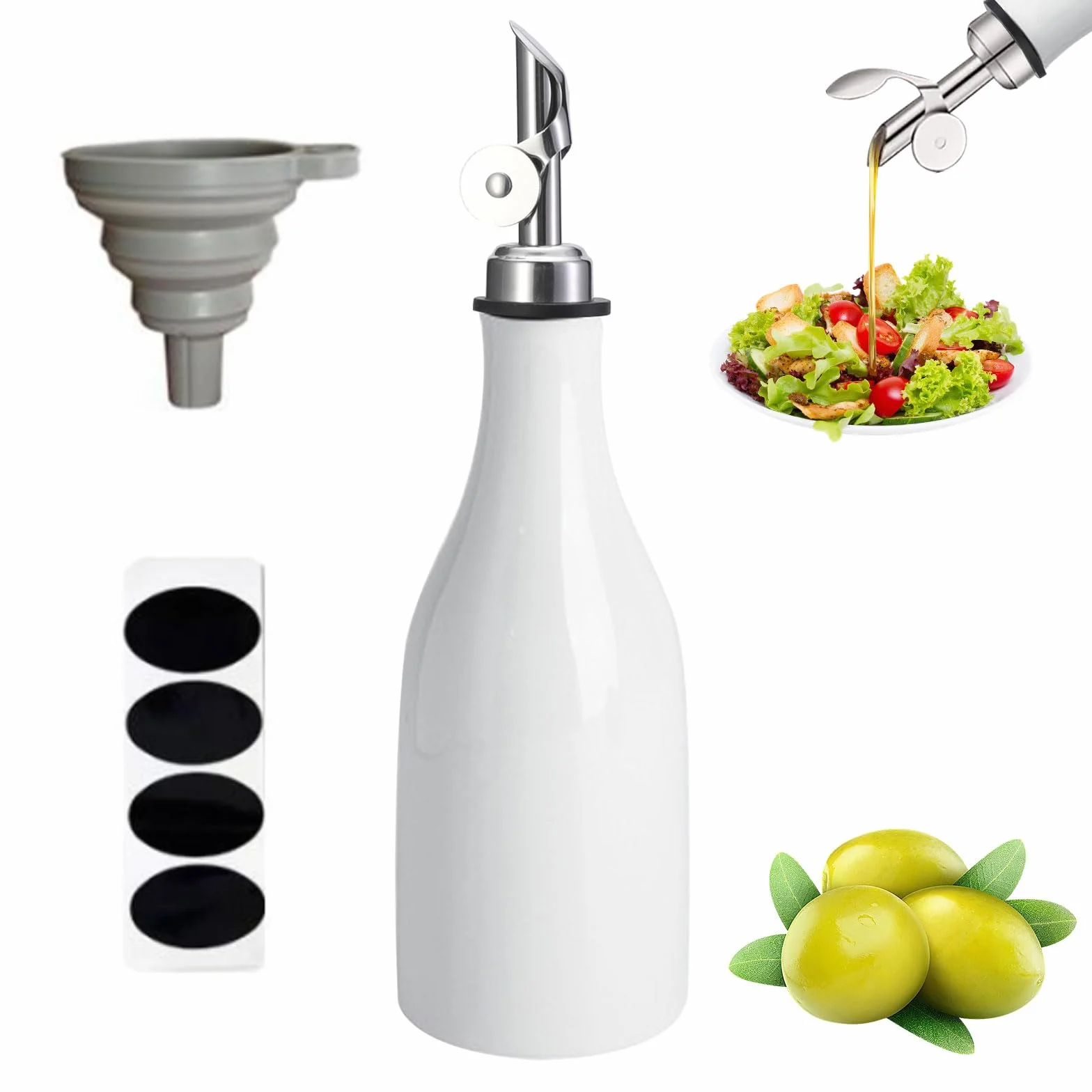 300ML Keramik-Olivenöl-Spenderflasche, Olivenöl-Flaschenspender Öl und Essig Flasche Drizzler Set mit Etikett Aufkleber Trichter Ausgießer für die Lagerung von Öl, Essig (Weiß)