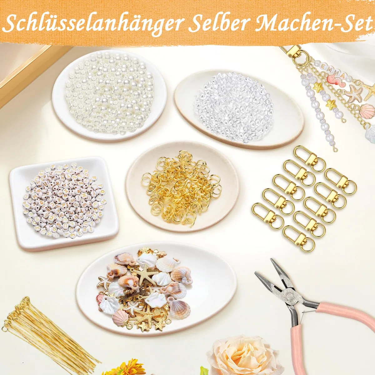 Leseogye 776 Stk Bastelset für Muschel-Schlüsselanhänger, Metall-Schlüsselanhänger Selber Machen, Praktisches Anhänger Basteln Für Alle Altersgruppen, Keychain DIY Zubehör Für Gestaltung (Gold)