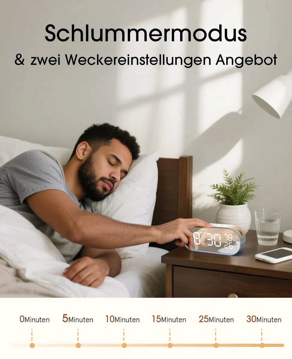 Digitaler Wecker mit LED Display, Touch Tasten, USB-Stromversorgung, Doppelalarm, Temperatur/Feuchtigkeitsanzeige, Helligkeitsregelung, Batteriebetrieben, Nachtlicht, Umweltdaten Beige