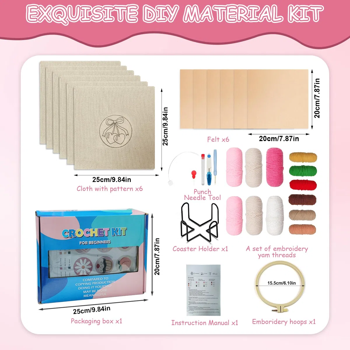BOYIFEIJIE Punch Needle Set für bunte DIY-Untersetzer, Kreatives Bastelset zum Sticken für Erwachsene & Anfänger mit Motivstoff, Stickrahmen, Garn & Anleitung (Weiß)