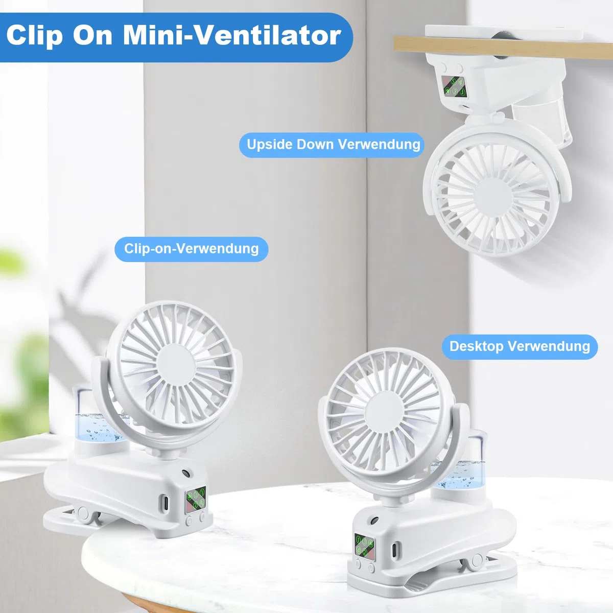 JIZZU USB Ventilator mit Wassernebel, 4 Geschwindigkeiten Wind Tischventilator mit Clip, Mini Ventilator, Verstellbare Tischventilatoren mit LED-Anzeige, Desktop Persönlichen Fans für Büro (Weiß)