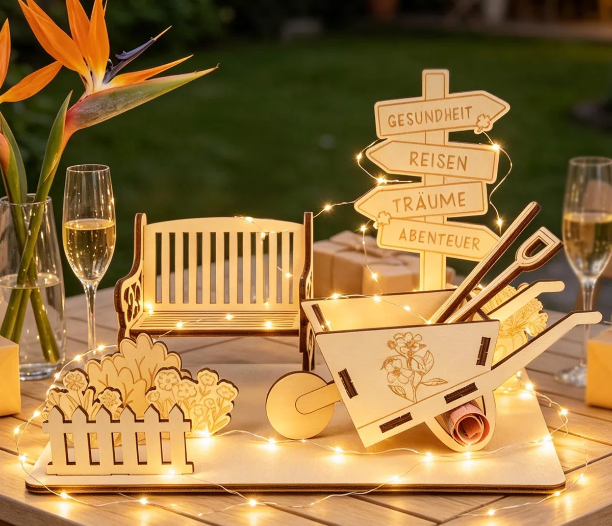 Geldgeschenk Ruhestand Holz mit LED– Kreatives Renteneintritt Geschenk für Frauen & Männer, Schubkarre Geldgeschenk für Rentner, Abschiedsgeschenk Kollegen