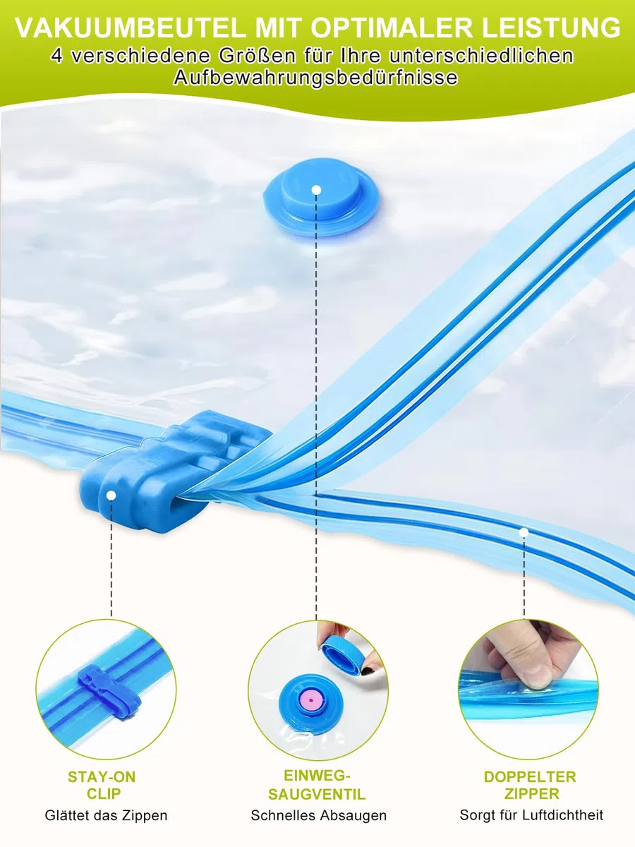 Vakuumbeutel für Kleidung mit Elektrischer Luftpumpe, PARPAT 10 Stück (3 Jumbo 100x80cm &3 Groß 80x60cm &2 x Mittel 70x50cm &2 Kleine 60x40cm), Durchsichtig für Reisen, Kissen Bettdecken Aufbewahrung