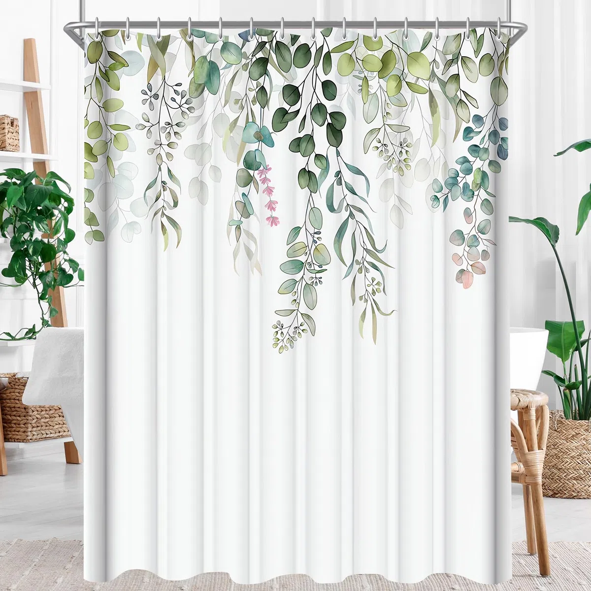 Lerores Duschvorhang 180x180cm, Grün Blätter Antischimmel Textil, Beschwerter Saum Wasserabweisend, Waschbar Polyester Stoff Badevorhänge mit Ösen und 12 Duschvorhangringe für Badezimmer, Badewanne