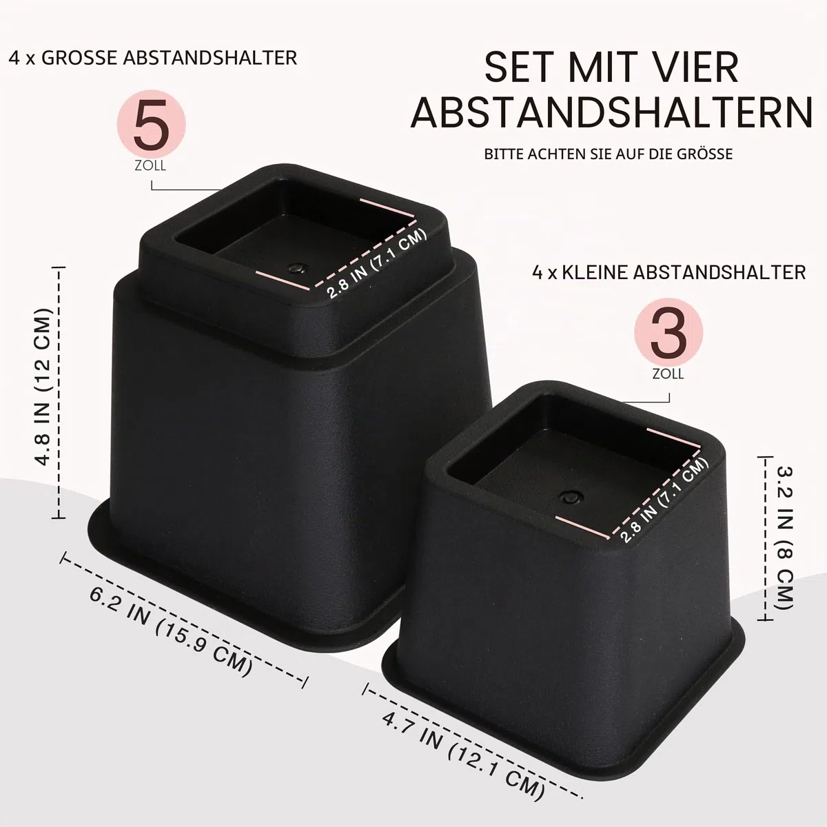 Utopia Bedding 8 Stück Hochwertige verstellbare Möbelerhöher (4 hoch und 4 kurz) - Starke platzsparende Steigleitung - Betthöher, Tischerhöher, Stuhlerhöher, Sofaerhöher (7 bis 20cm)- (Schwarz)