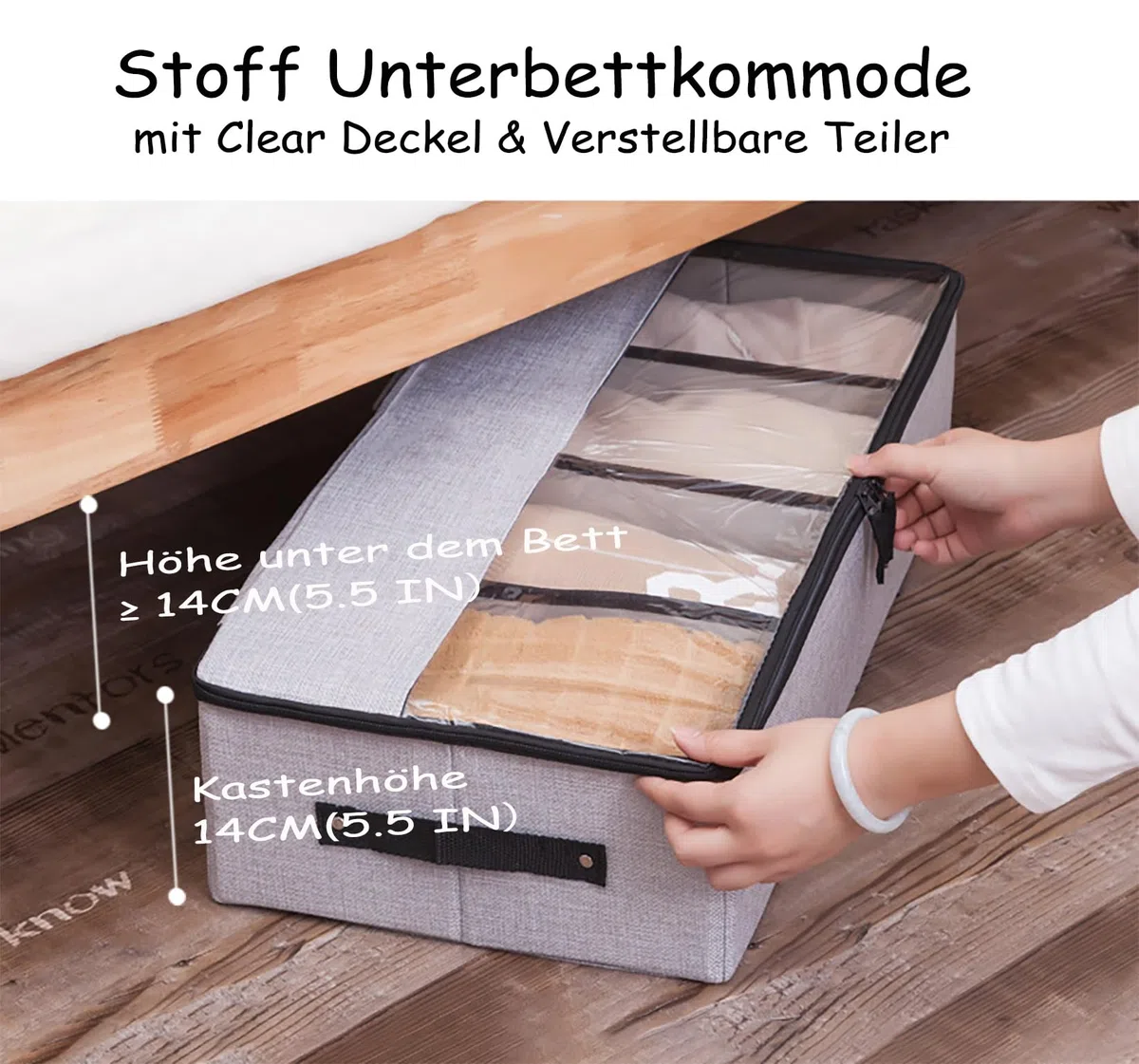 AARAINBOW Stoff Unterbettkommode mit Verstellbaren Zellen, Unterbett Schuhe Aufbewahrungsbox mit Deckel, 2 Stück, 24L, 58 cm, Faltbare Unterbett Schuhe Kleidung Aufbewahrung mit Griff (2 Grau)