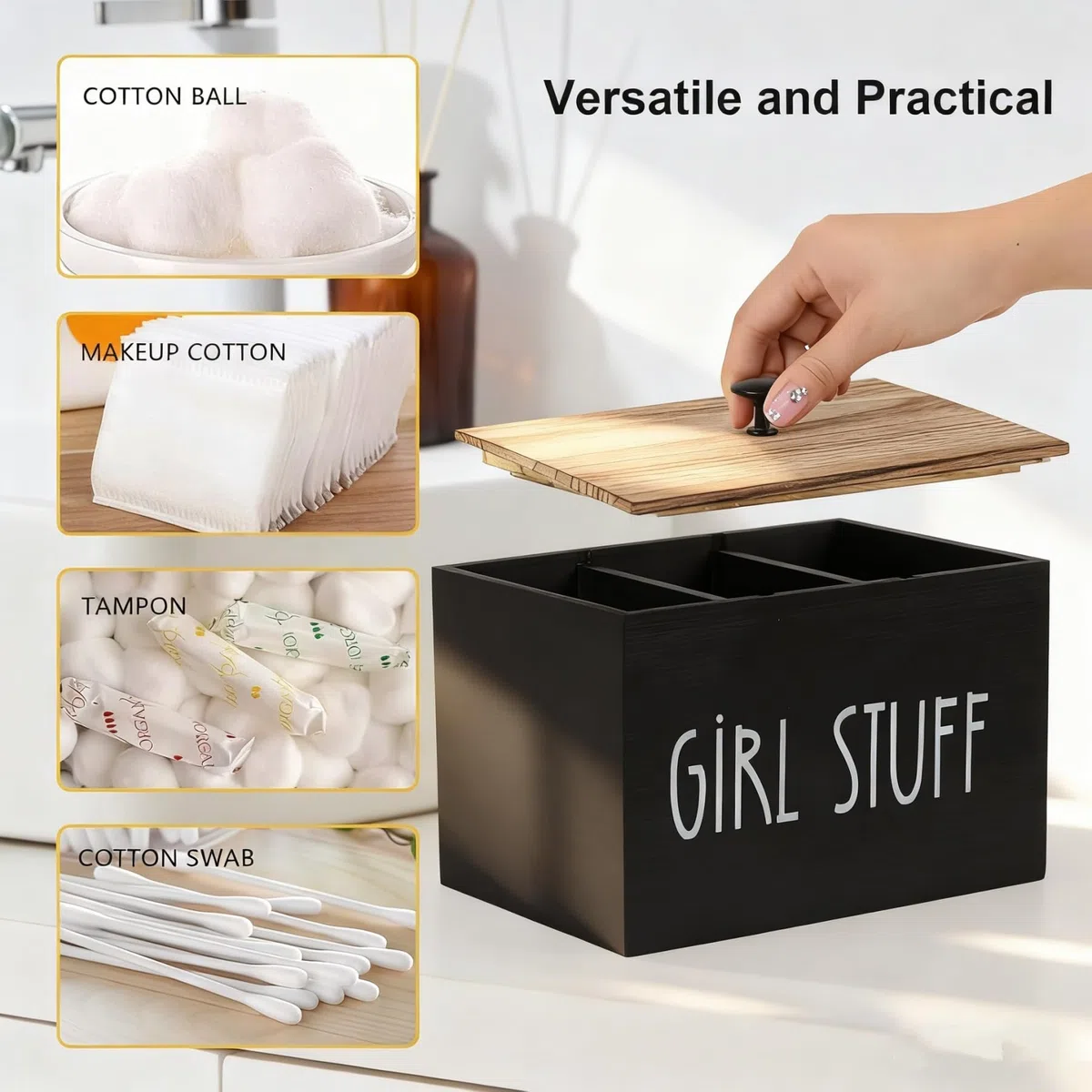 Tampon Aufbewahrungsbox 3 Fächer mit Deckel, Holz Slipeinlagen Box Organizer für Hygiene Artikel Tampons Binden Wattestäbchen inkl. Make-Up Tasche