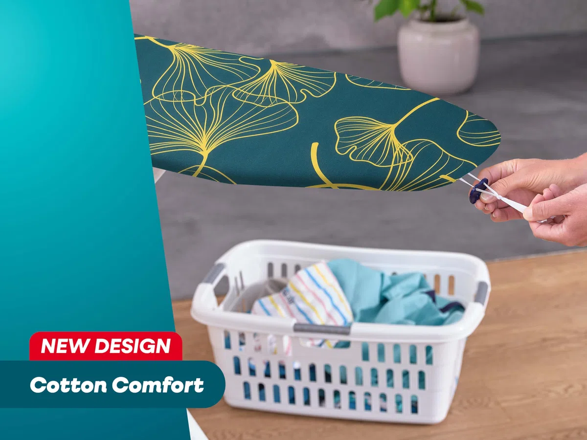 Leifheit Bügeltischbezug Cotton Comfort S/M, Überzug Bügelbrett bis max. 125 x 40 cm, Bügelbrettbezug aus Molton-Polsterung, Klettfixierung, für Dampfstationen geeignet