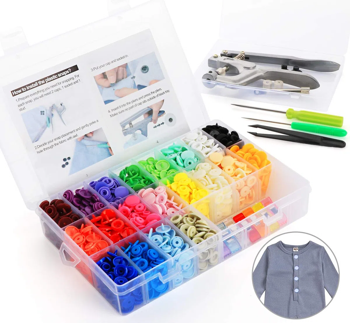 ilauke 400 Druckknopf Set mit Zange, T5 Druckknöpfe Plastik in 20 Farben und feste Druckknöpfe, Snaps mit Zange für Kinderkleidung Nähen Handwerk handgefertigt Kleidung Reparaturen DIY Kleidung