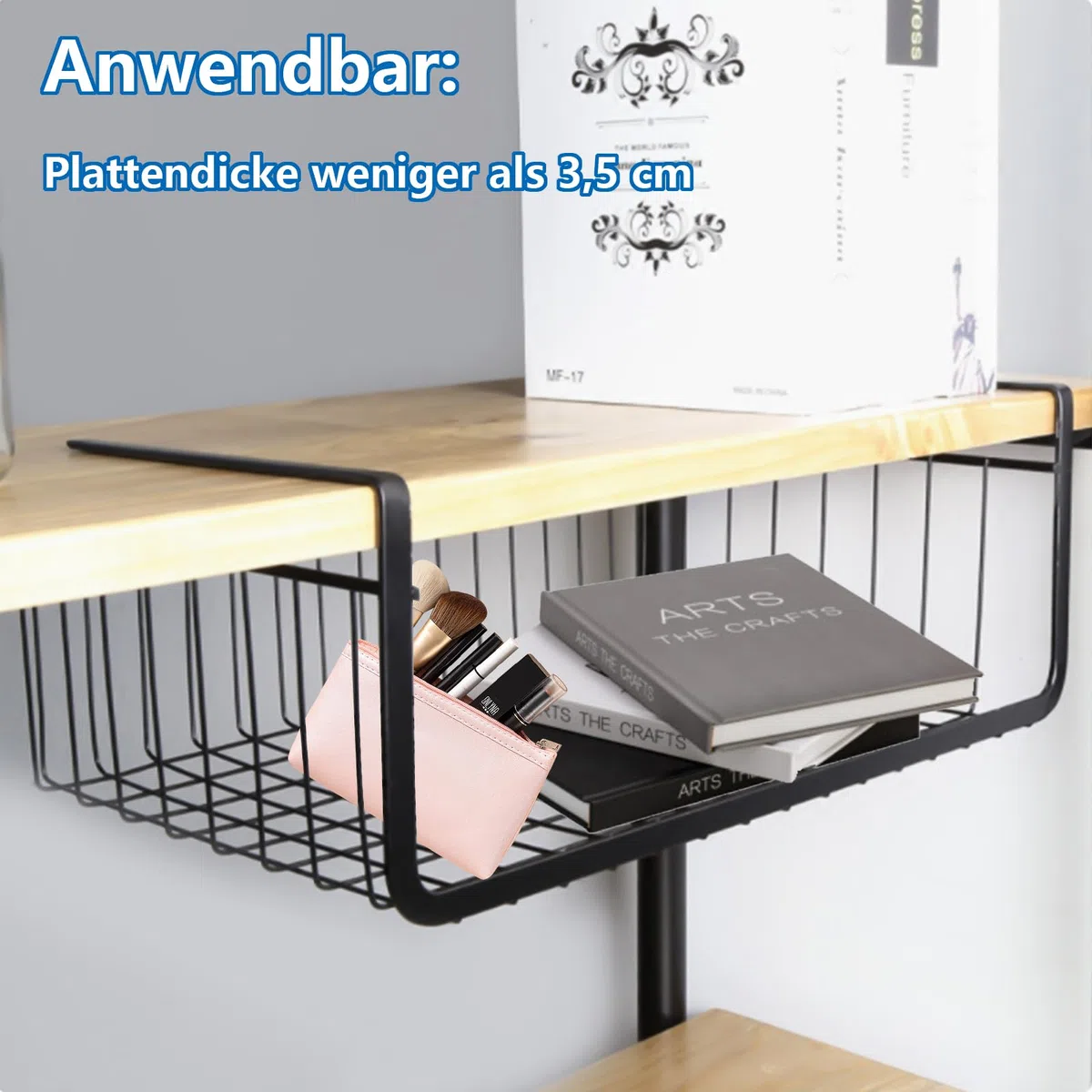 2 Stück Schwarz Unterregal Hängekorb Schrank, Regaleinhängekorb Küche Organizer Schrankkörbe Metall Aufbewahrungskorb für Küche, Schrank, Bad, Speisekammer, Büro