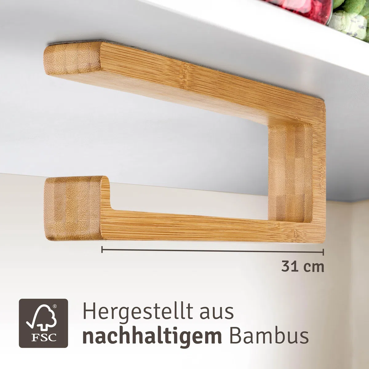 Praknu Küchenrollenhalter ohne Bohren aus FSC® Bambus Holz - Spart Platz in der Küche - Hält Bombenfest - Schnelle Montage