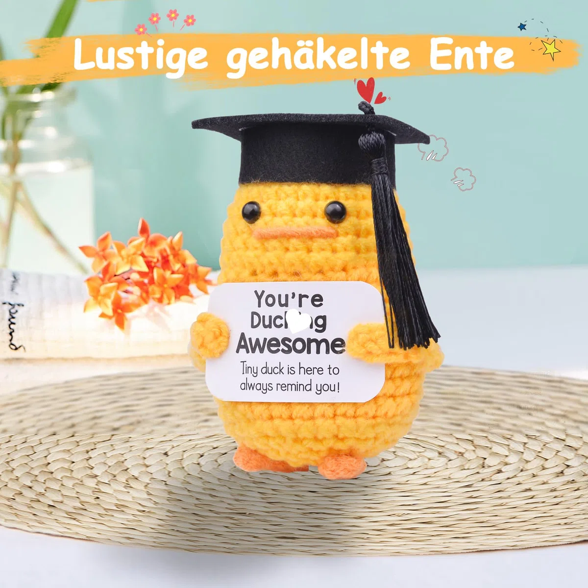 Mwmoeen Pocket Hug Positive Ente Doktorhut Studentenhut, Positive Duck Strickwolle Ente Bachelor Hut, Emotionale Unterstützung Enten Geschenke Absolvent Party-Dekoration Geschenke für Absolventen