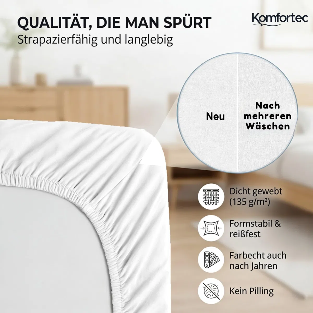 Komfortec Spannbettlaken Jersey 100% Baumwolle – 180x200 cm – 135g/m² – Weich, Atmungsaktiv & Hautfreundlich – Mit Rundumgummi – Oeko-Tex Zertifiziert – Für Boxspring, Topper & Matratzen – Weiß