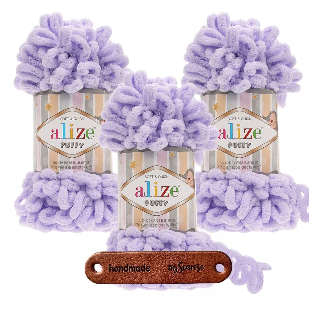 ALIZE Puffy 146 Lavender Premium Wolle 3 x 100g Bulky Schlaufengarn Fingerstrickgarn kuschelweich für Decken, Kissen und Accessoires Stricken ohne Nadeln mit mySearose Label