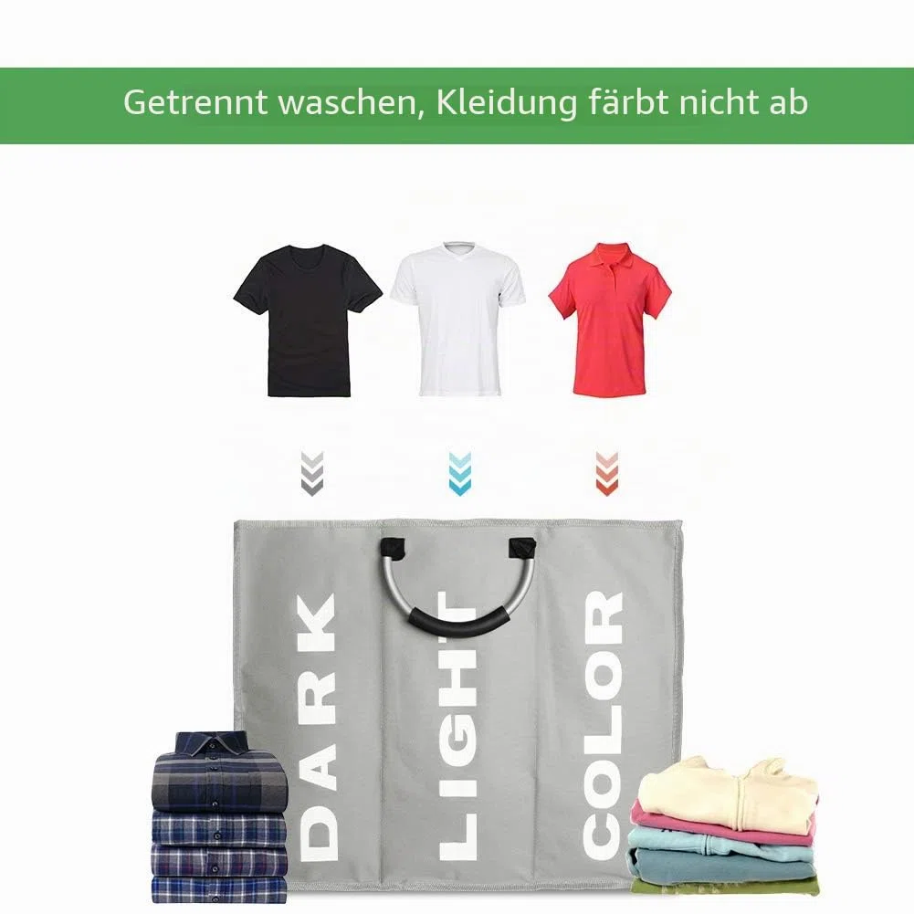 Wäschesortierer 3 Fächer, Faltbarer Wäschekorb Sortierer, Hell Dunkel Wäschesammler, 3 Fach Braun Kinderzimmer Kinder Baby Wäschebox, Wäschesack Wäschetasche Stoff Groß, 90L, 60×32×49cm, Grau
