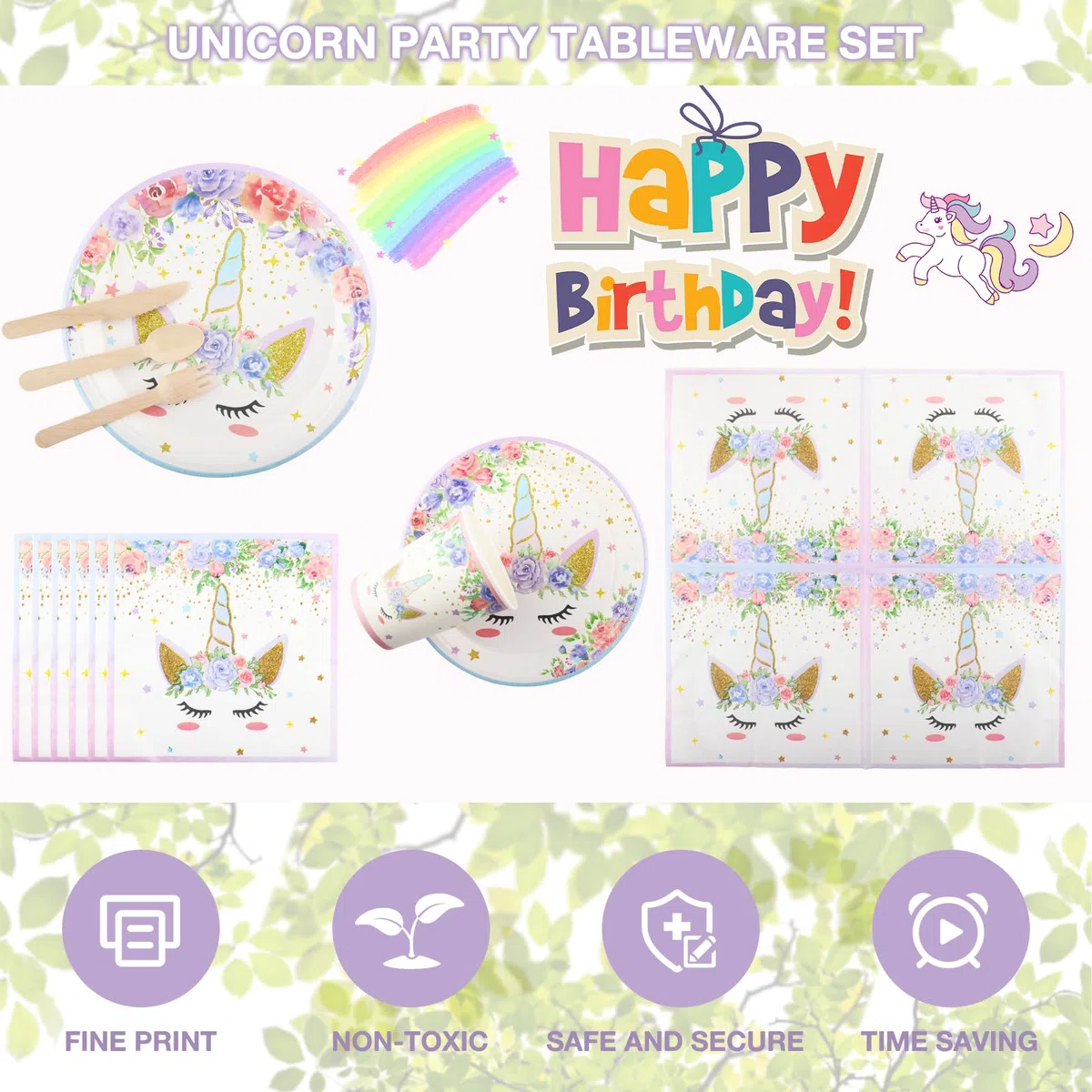 Einhorn Partygeschirr für 25 Kinder, 200 Stück Set mit Pappteller Servietten Pappbecher Strohhalme Gabel Messer Löffel, Rosa Geburtstag Party Deko