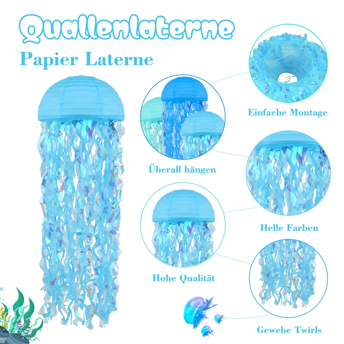 6 Stück Quallen Papierlaternen Ozean Lampions - Lampenschirm Unter dem Meer Geburtstag Deko, Meerjungfrau Ozean Thema Party Lieferungen, Partydekorationen für Geburtstag Feier (Blau)