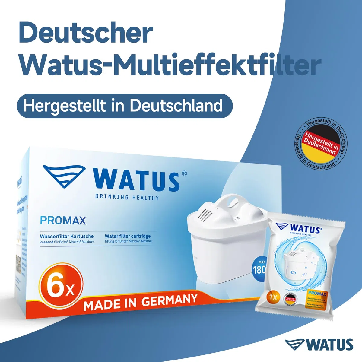 Wasserfilter Kartuschen, für Brita Maxtra+ und Maxtra, Style, Marella, Elemaris, für Ersatz Brita Filterpatronen, Reduziert Blei, Chlor, Schwermetalle und Kalk im Wasser, Made in Germany (6)