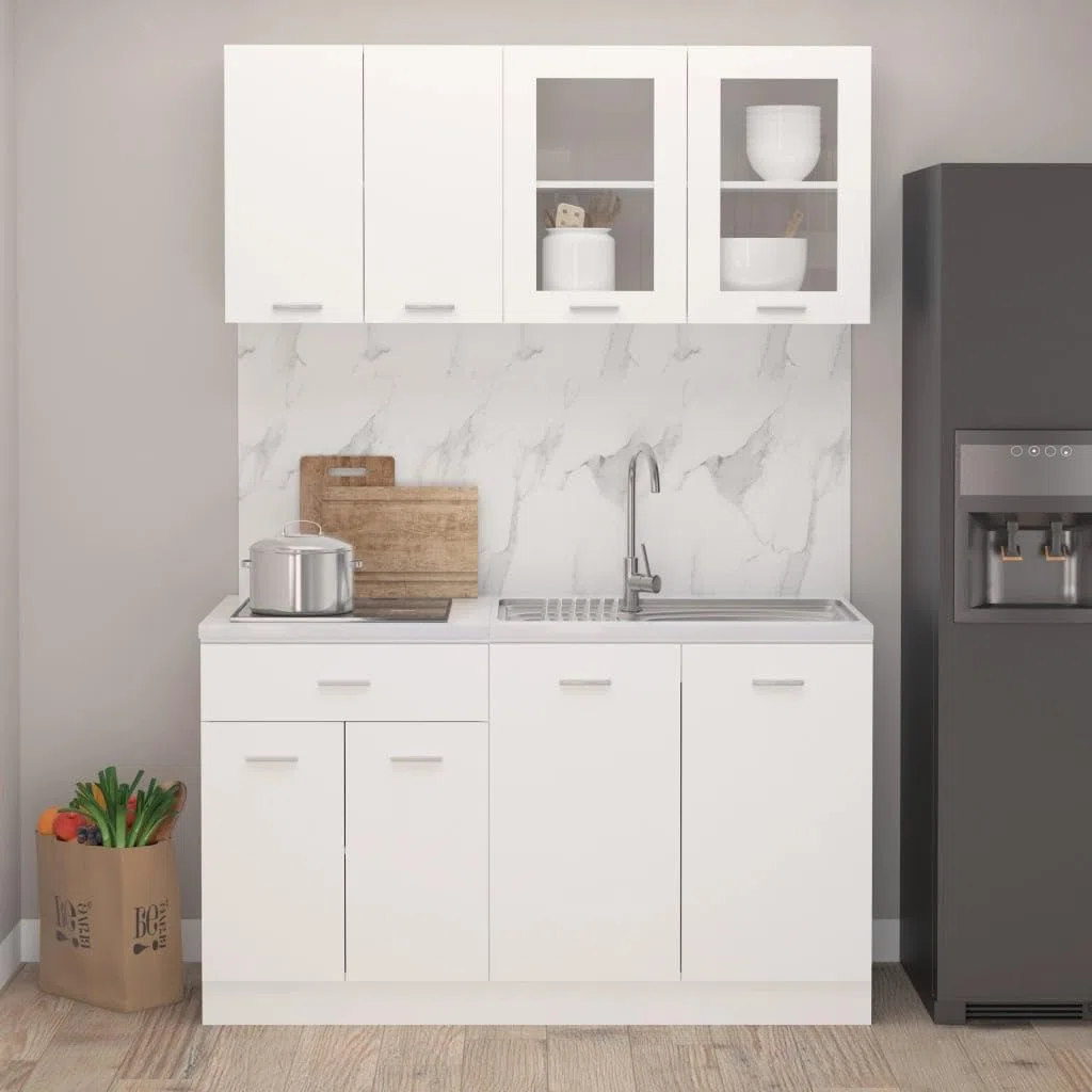 4-TLG. Küchenzeile Lyon Weiß Holzwerkstoff Sideboard Breit Küchenschrank mit Arbeitsplatte