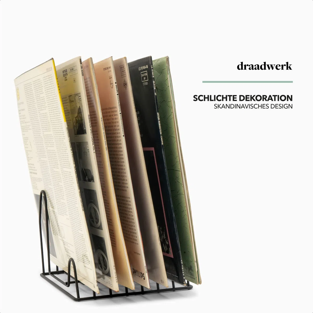 draadwerk Schallplatten Aufbewahrung | Schallplattenständer | Vinyl Halter für 35 Platten | LP Ständer | Prospekthalter | Bücher Aufbewahrung | Zeitungsständer | Schallplatten Deko | Schwarz
