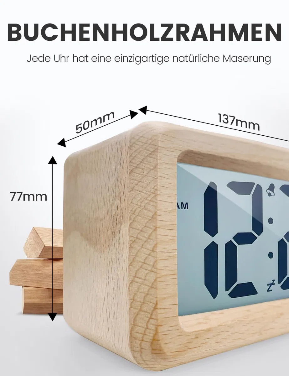 aboveClock Wecker Digital, Holz mit Sensore Moduls, Tischuhr mit Großer Anzeige, Datum, Teperatur Anzeige, Nachtlicht, Digital Uhr mit Snooze Moduls (Batterie Nicht Enthalten)