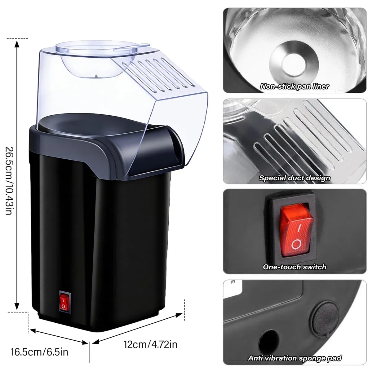 Heißluft Popcornmaschine - 1200W Mini Heißluft Popcorn Maker Ohne Öl Fett, 3 Min Schnellstart, One-Touch, Bedienung Kompakter Popcornautomat Retro Design für Zuhause Heimkino Weihnachten Party