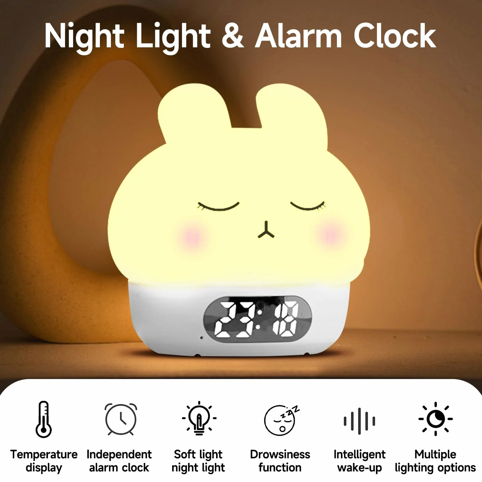 Cuteefun Digitaler Wecker mit Licht, Bunny Nachtlichter für Kinder, Wiederaufladbare Wecker Digital, Dual Alarme, Snooze, 9 Farbmodi, Berührungssensor Nachtlicht Dimmbar für Raumdekoration