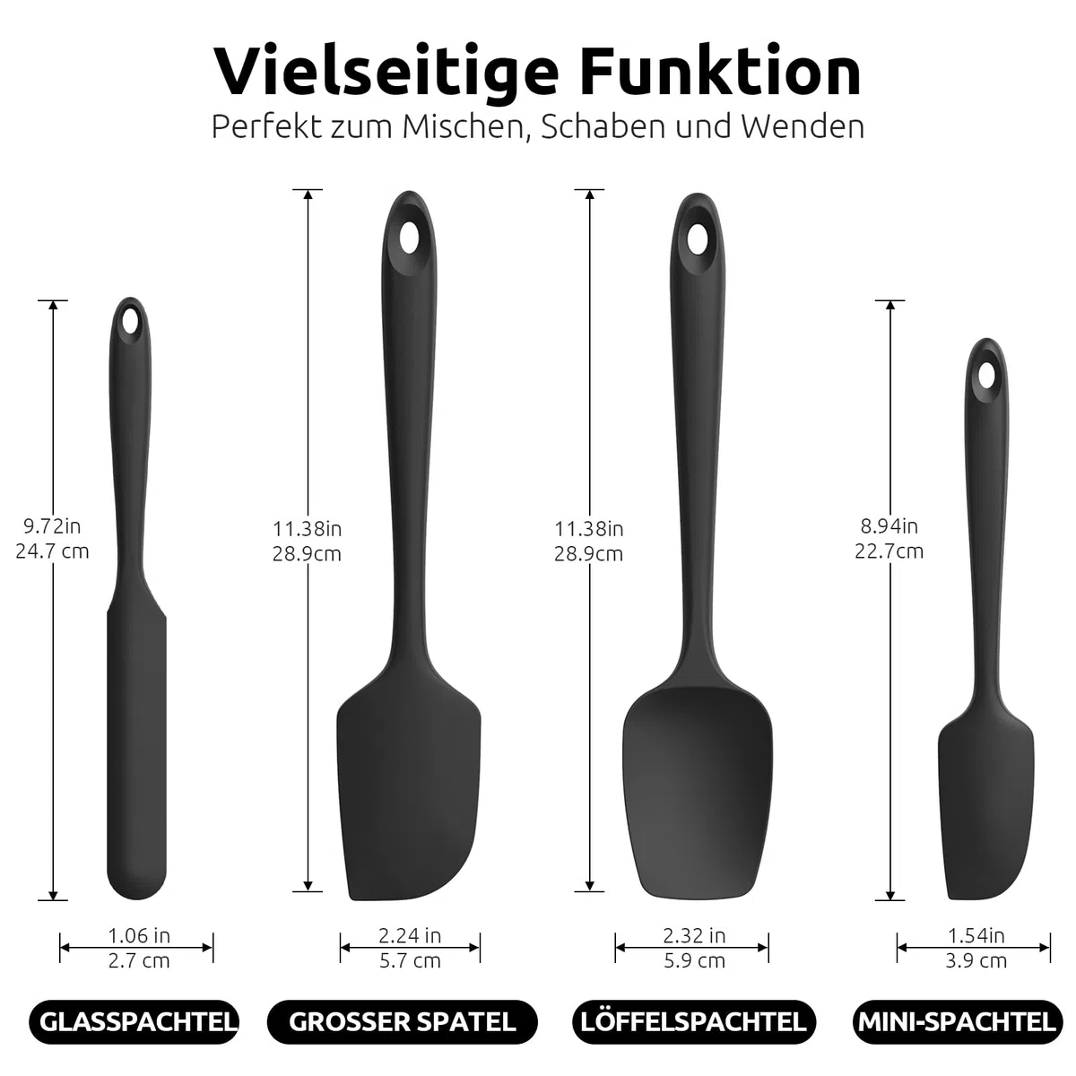U-Taste Silikon Spatel & Teigschaber 4er Set, 315℃ Hitzebeständiger Antihaft-Gummispachtel Kuchenspatel, Nahtloses Einteiliges Design für Kochen Backen Mischen (Schwarz)