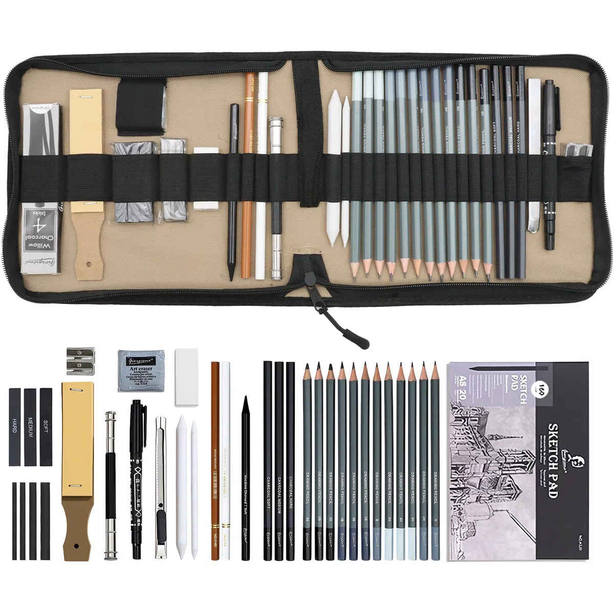 39-teiliges Zeichenset Skizzenstifte Set, Zeichenstifte Künstlerbedarf mit Skizzenbuch Graphitstiften Pastellkreiden, Kohlestiften, Professionelles Zeichenset für Erwachsene, Künstler und Anfänger