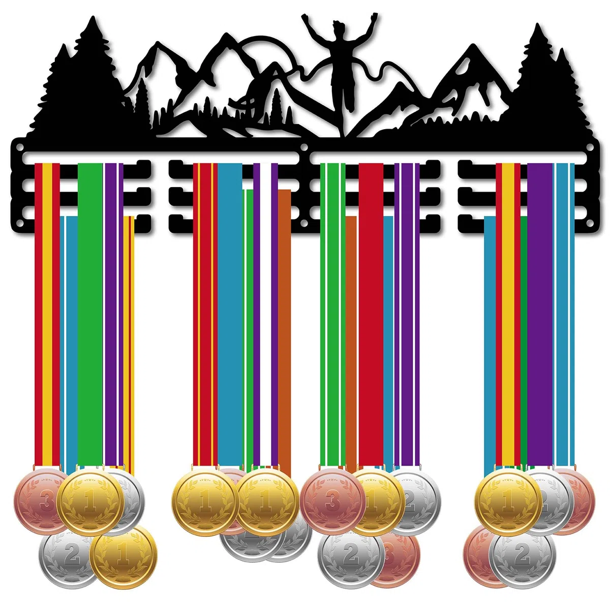 CREATCABIN Lauf-Medaillenhalter Aufhänger Medaillenständer Bergbäume Metall Regal Sport-Medaillenständer Rahmen Wandmontage Aufhängen Über 60 Medaillenaufhänger Für Marathonläufer 40x15cm Schwarz