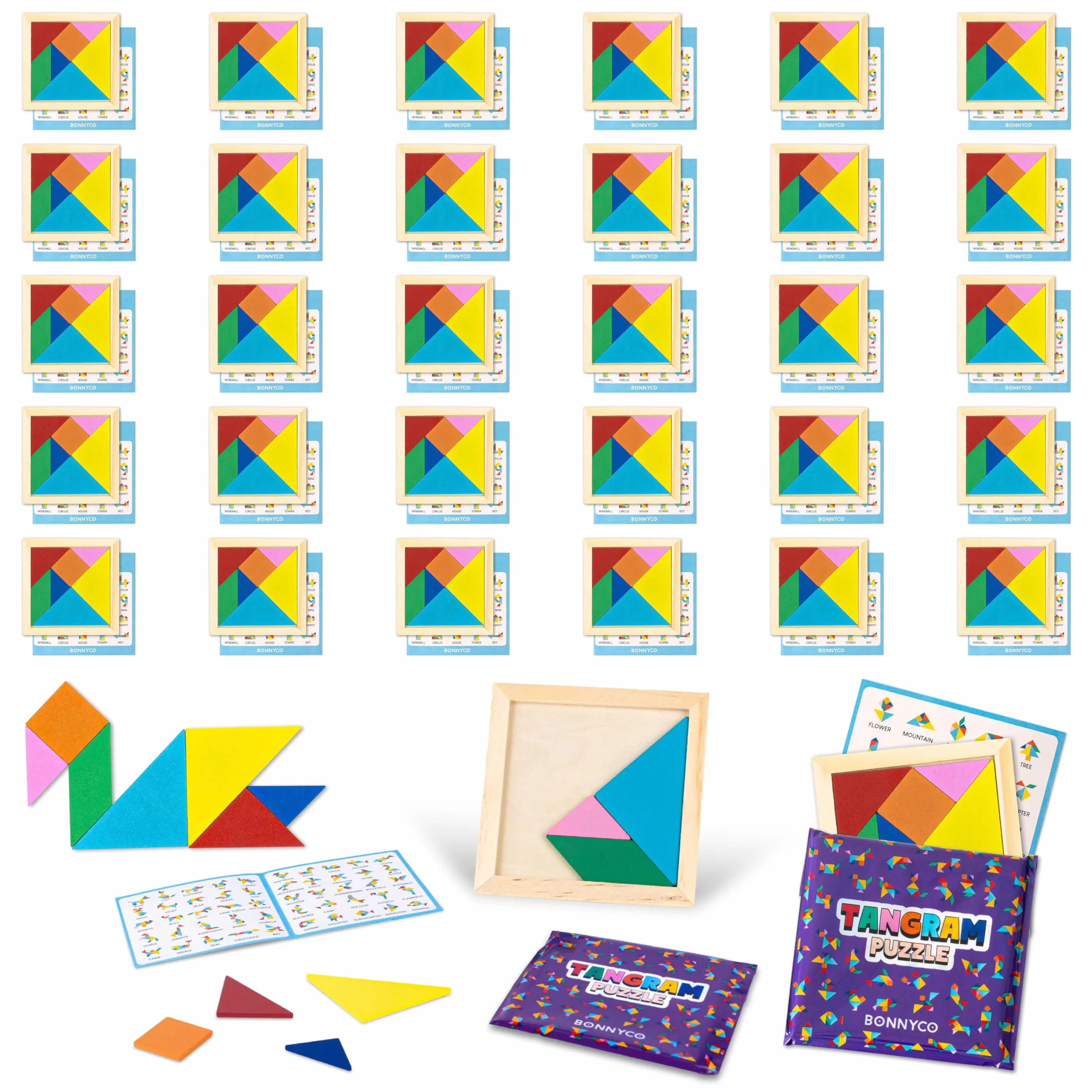 BONNYCO Tangram Kinder Mitgebsel Kindergeburtstag Gastgeschenke 30 Stück. Tangram Puzzle, Kleine Geschenke für Kinder. Give Aways Kindergeburtstag Mitgebsel Set, Pinata Füllung, Mini Spielzeug