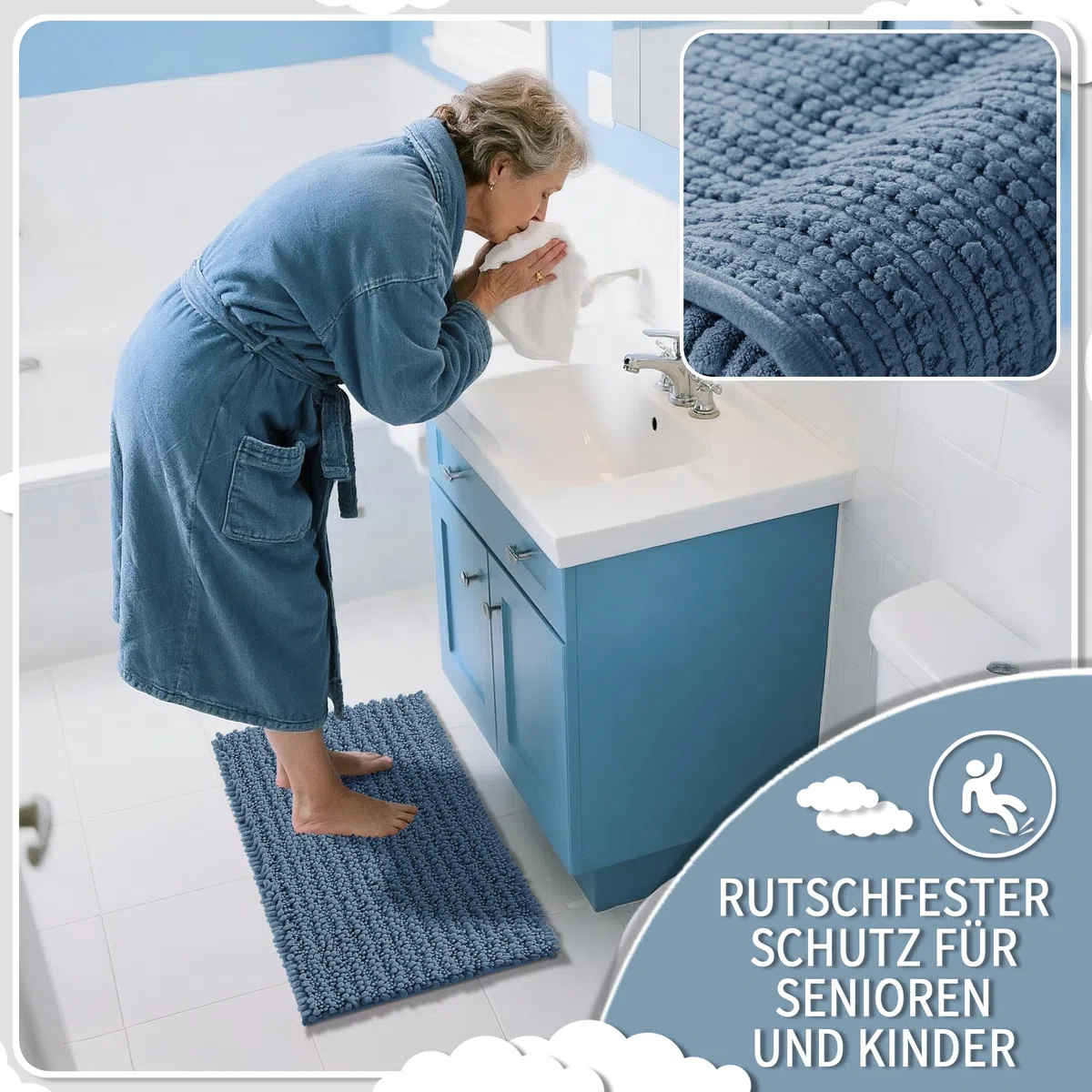 Yimobra Chenille Badematte rutschfest - Weicher Badvorleger Maschinenwaschbar - Mikrofaser Absorbent Badteppich, für Dusche und Badezimmer, 43 x 61 cm, Denim Blau