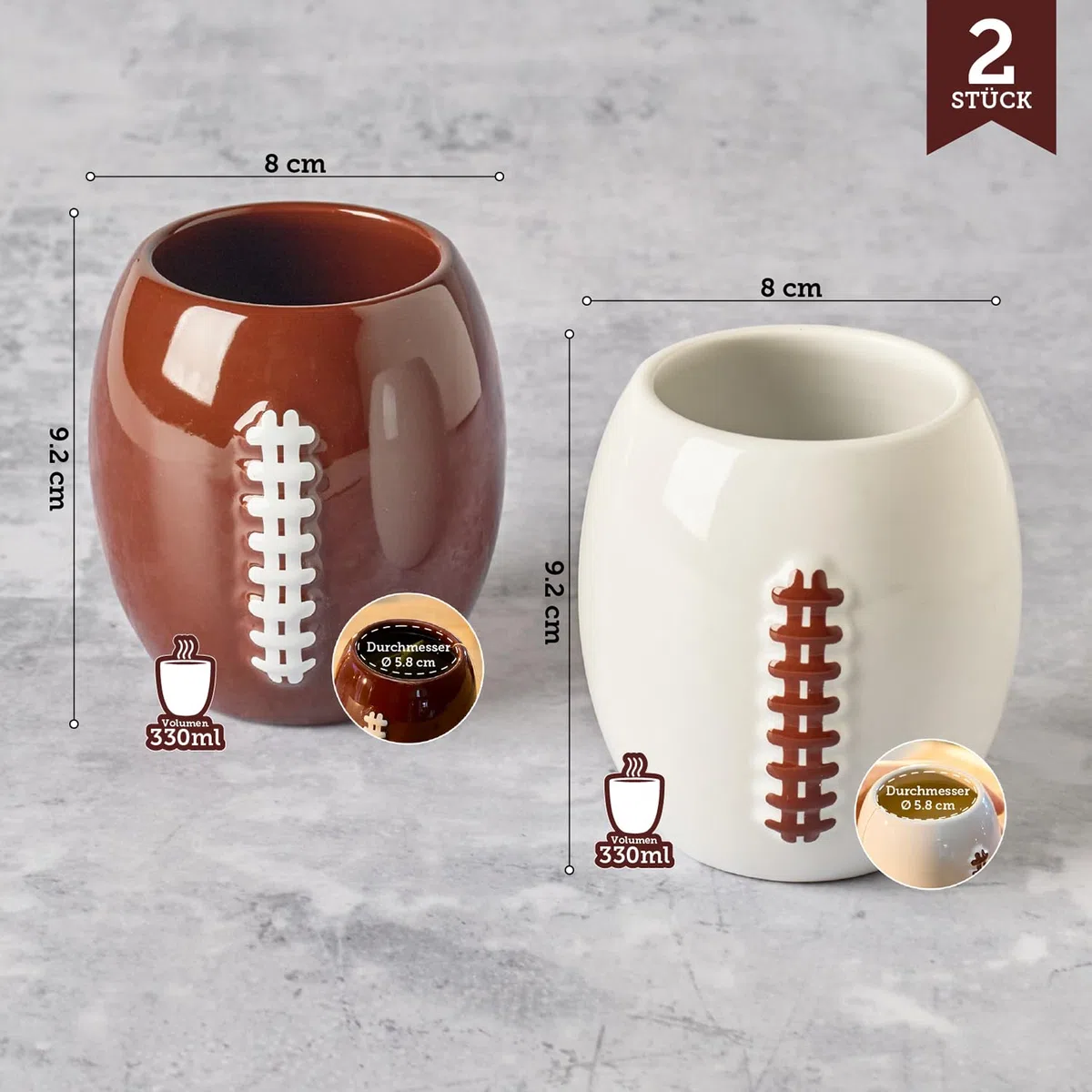 40YARDS American Football Tasse/Kaffeebecher (330 ml) im 2er Set aus Keramik mit erhabener Football Naht für Cappuccino, Flat White, Americano, Tee & mehr