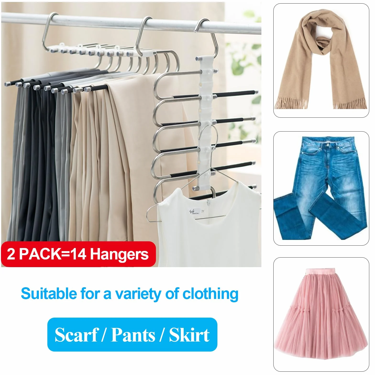 Loputon 2 Stück Hosenbügel Kleiderbügel Platzsparend aus Edelstahl rutschfest Faltbare Multifunktionaler Bügel für Hosen, Schals, Jeans, Kleidung, Handtücher (Schwarz mit 14 Kleiderbügels)