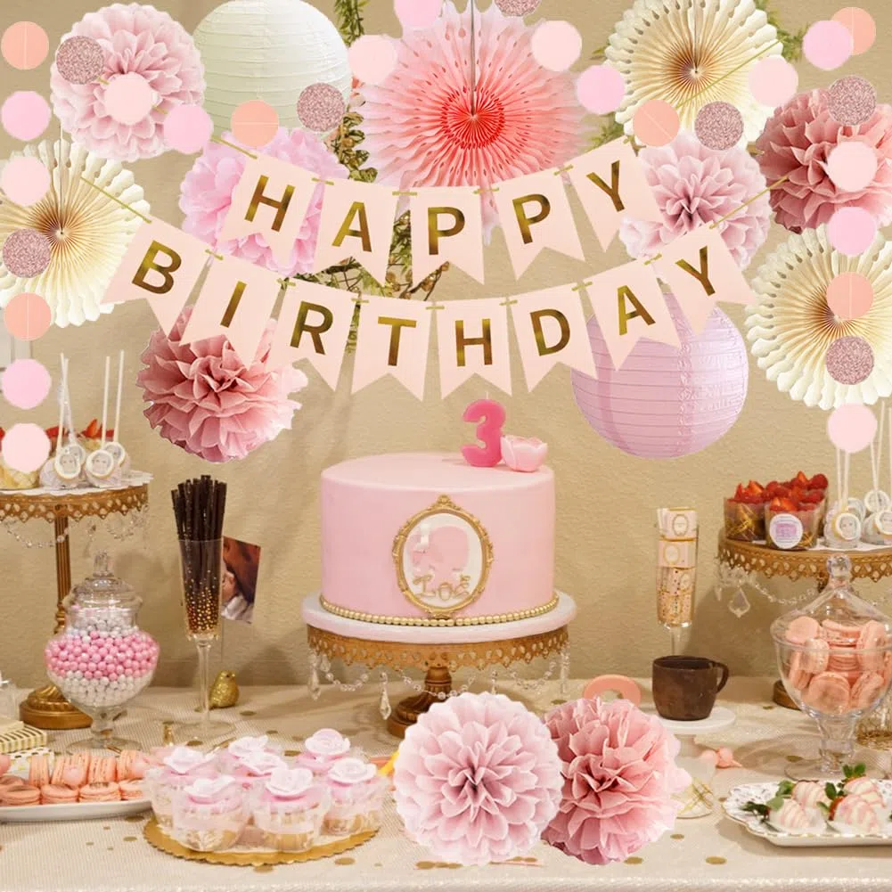 Geburtstagsdeko Beige Rosa Boho Geburtstag Party Deko Mädchen Frauen Seidenpapier Pom Poms Happy Birthday Girlande Boho Rosa Beige Party Deko