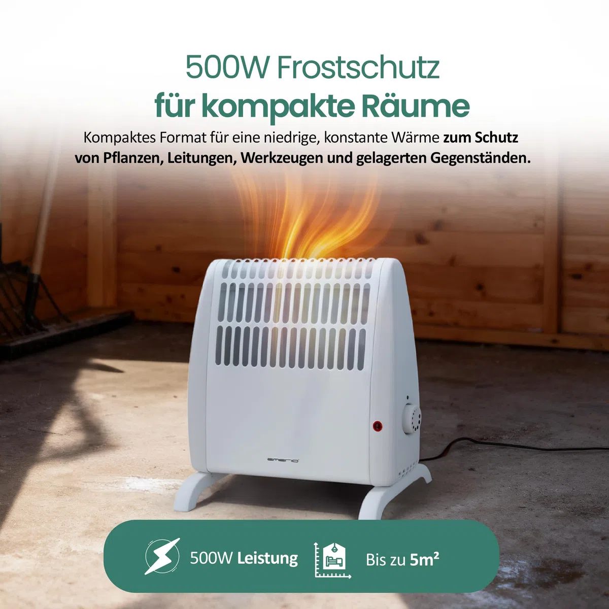 EMERIO Frostwächter | 500W Heizleistung | elektrische Heizung | Halt Räume frostfrei | regelbarer Thermostat | Frostschutzfunktion | Überhitzungsschutz | große Standfüße + Wandhalterung | FG-117320