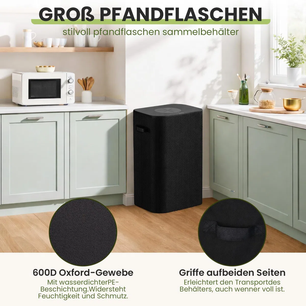 110L Groß Pfandflaschen Sammelbehälter mit Deckel & Tragetaschen,pfandflaschen behälter,Leergut sammelbehälter mit Loch,Behälter Leergut & Altglas Aufbewahrung,Flaschensammler für Küche usw (Schwarz)