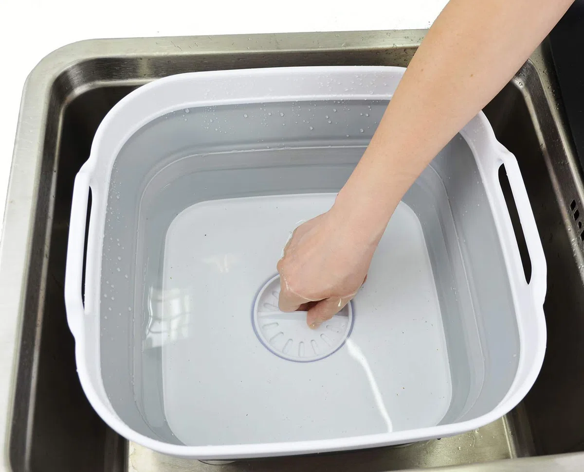 SAMMART 10L Faltschale Plastik mit Ablassschraube - Faltbares Waschbecken - Tragbare Geschirrspülwanne - Platzsparendes Küchenablagefach (Weiß/Grau, 1)