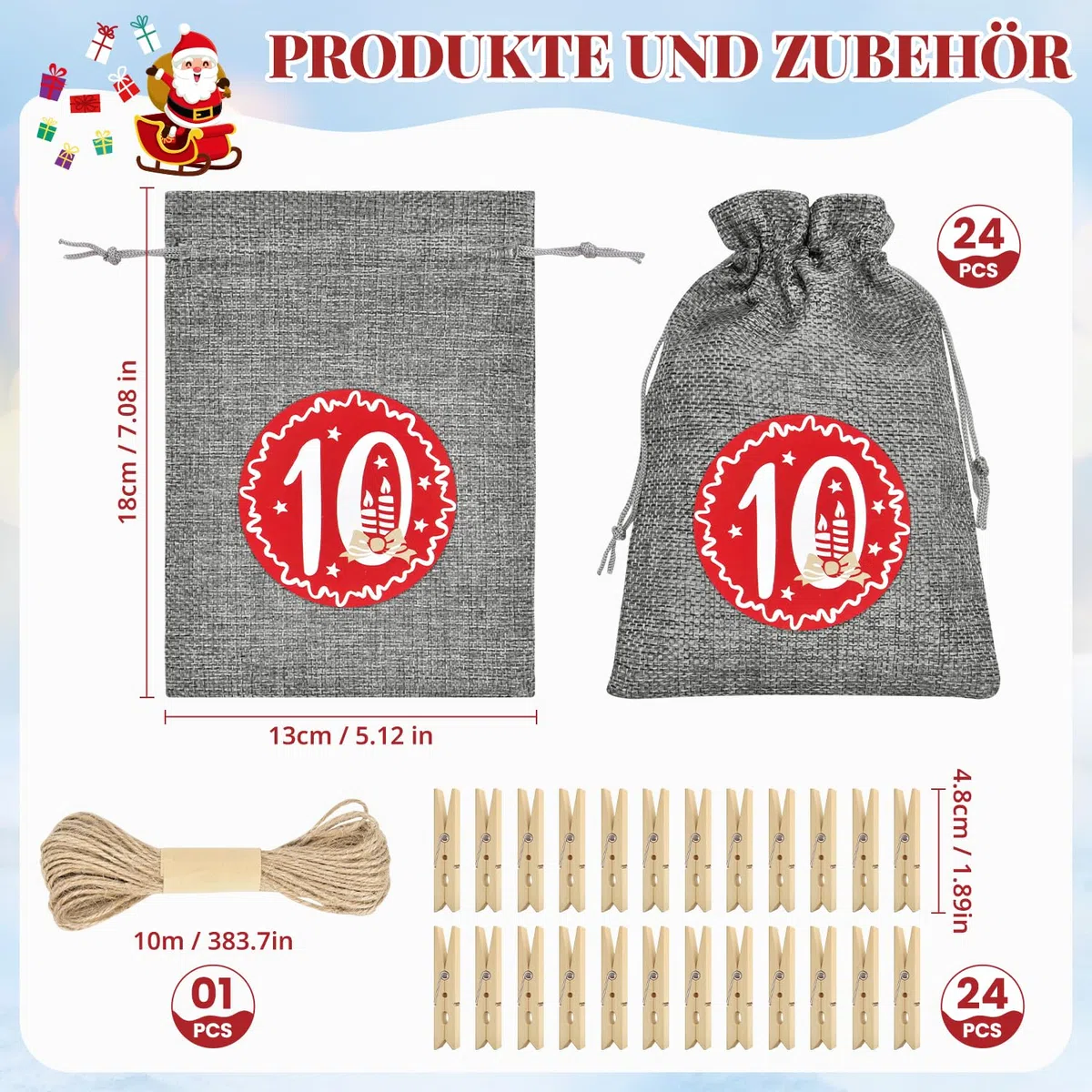 Alintor Groß Adventskalender zum Befüllen, 24 Weihnachtskalender Säckchen zum Befüllen, Adventskalender 2026 (Zahlen-Design)