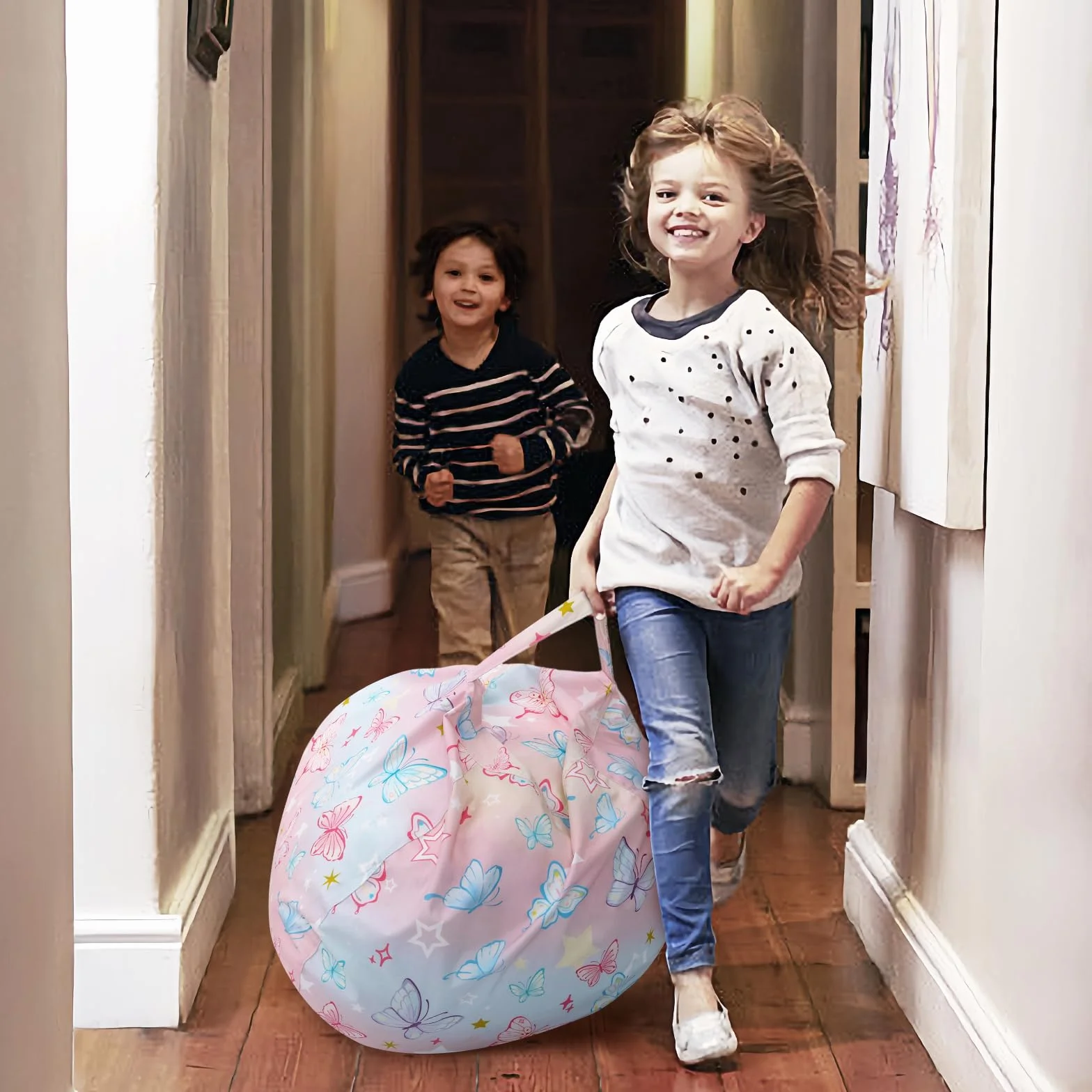 Decalsweet Sitzsack Kinder Spielzeug Stofftier Aufbewahrung, Große Größe Kuscheltiere Aufbewahrung für Mädchen Jungen, Aufbewahrung Organizer Lagerung Kinderzimmer Bunter Schmetterling(Nur Tasche）